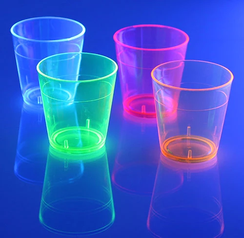 1.5oz-neon-assorted-shot-glasses-under-blacklight.jpg BarProducts.com BarConic® 1.5oz Assorted Plastic Shot Glasses BAR SUPPLIES