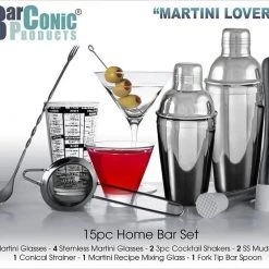 BarProducts.com BAR TOOLS BarConic® “Bar In A Box” – 15 Piece MARTINI Home Bar Set