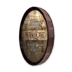 BarProducts Handcrafted Woodshop Made In The USA Custom Wood Barrel Top Clock – Man Cave - Scotch, Cigars, Solitude