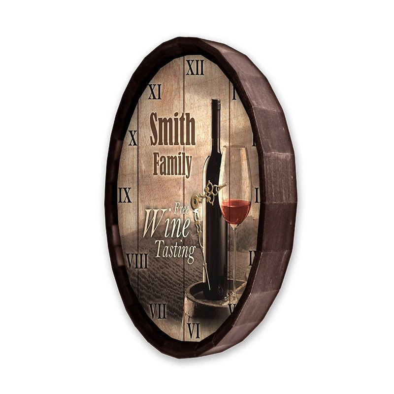 BarrelTop-SideAngledView-LG-BARR-CLOCK-FREE-WINE.jpg BarProducts Handcrafted Woodshop Made In The USA Custom Wood Barrel Top Clock – Free Wine Tasting