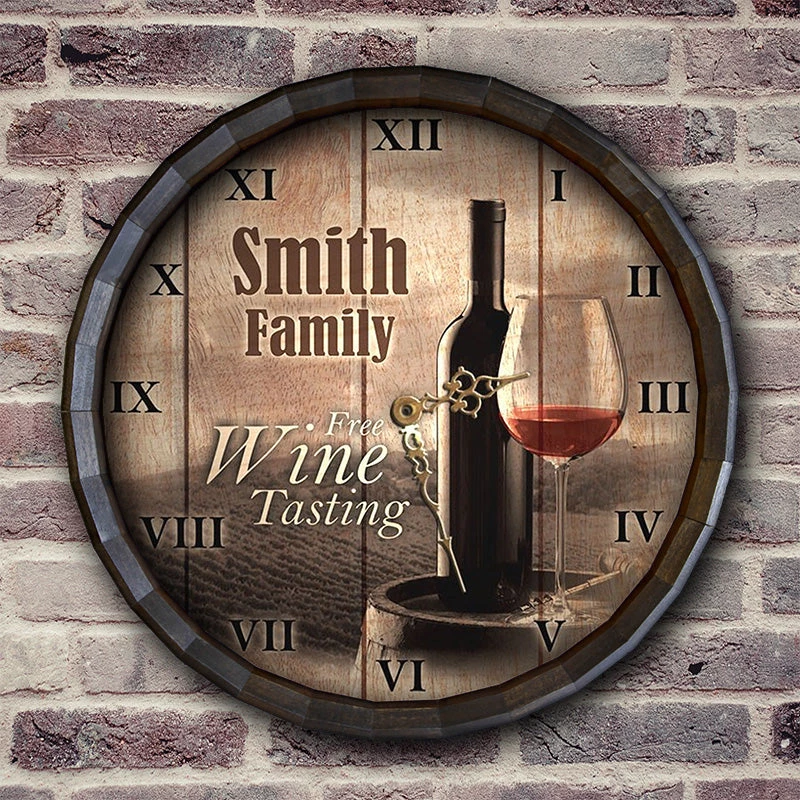 BarrelTop-StraightFlatView-LG-BARR-CLOCK-FREE-WINE.jpg BarProducts Handcrafted Woodshop Made In The USA Custom Wood Barrel Top Clock – Free Wine Tasting