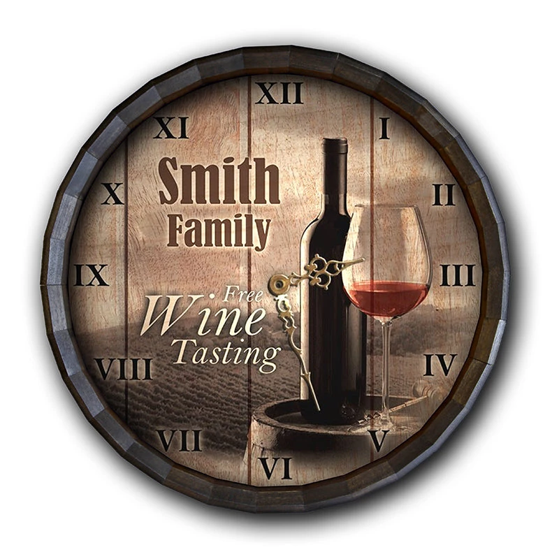 BarrelTop-StraightFlatView_0042_LG-BARR-CLOCK-FREE-WINE.jpg BarProducts Handcrafted Woodshop Made In The USA Custom Wood Barrel Top Clock – Free Wine Tasting