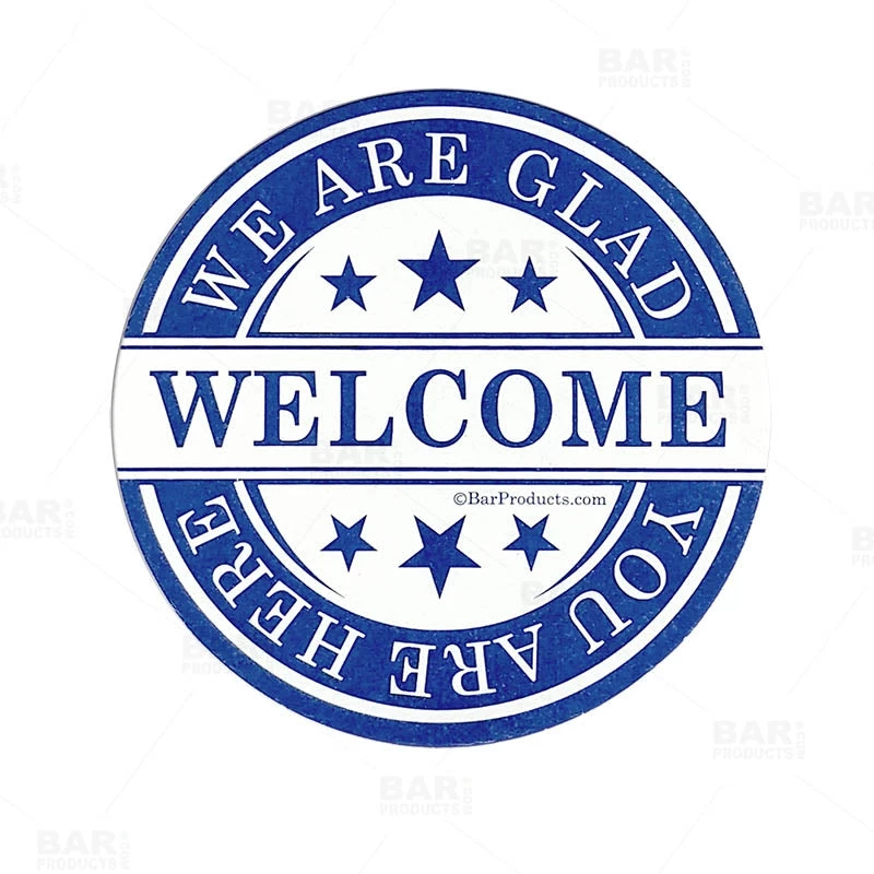 drink-coaster-blue-welcome-bpc-3.jpg Bar Products Drink Coasters - Round 3.5" Diameter "We Are Glad You Are Here" - Pack Of 250