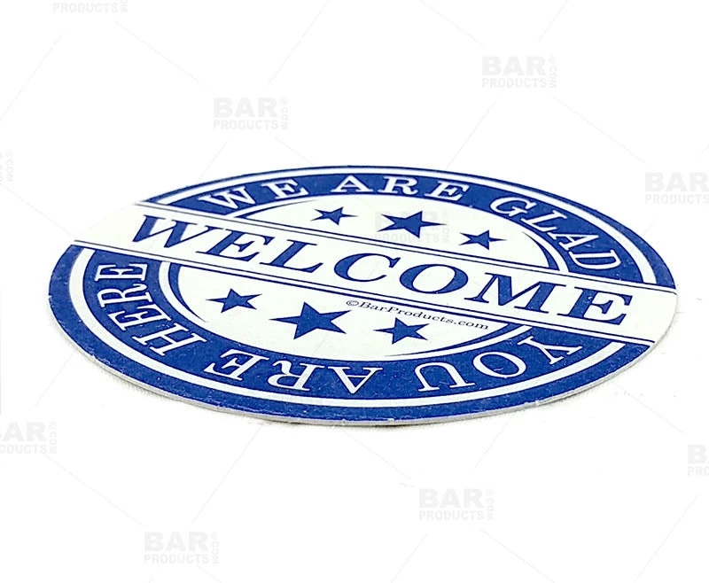drink-coaster-blue-welcome-bpc-4.jpg Bar Products Drink Coasters - Round 3.5" Diameter "We Are Glad You Are Here" - Pack Of 250