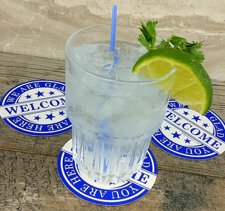 drink-coaster-blue-welcome-bpc-5.jpg Bar Products Drink Coasters - Round 3.5" Diameter "We Are Glad You Are Here" - Pack Of 250