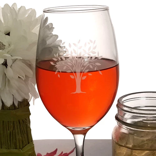 engraved-tree-design-wine-glass.jpg BarProducts.com BAR SUPPLIES Engraved BarConic® Glassware – 20oz. Wine Glass, 16oz. Mason Jar Mug