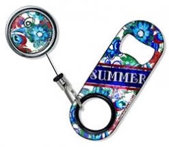 BarProducts.com CUSTOMIZABLE Mini Bottle Opener With Retractable Reel - Grungy Floral Bartending Bottle Openers