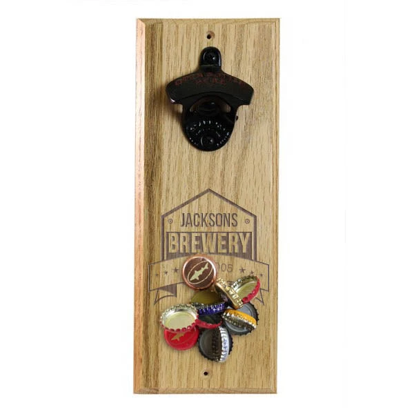 hard-wood-opener-magnet-brewery-custom-caps.jpg BarProducts Handcrafted Woodshop Made In The USA Engraved Brewery Wooden Wall Bottle Opener W/ Magnetic Cap Catcher