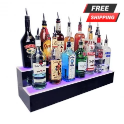 BarProducts Handcrafted Woodshop Made In The USA BarConic® LED Liquor Bottle Display Shelf - 2 Step - Multi Colored Lights - Several Lengths