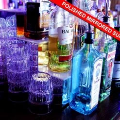 BarProducts.com BAR DECOR BarConic® LED Liquor Bottle Display Shelf - 2 Steps - Polished Mirrored Metal - Several Lengths