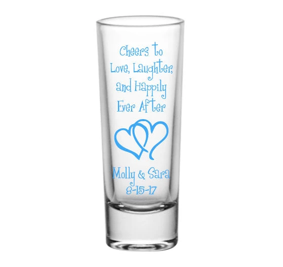 lg-gw-1904-tcl-cheers-ayn-2oz_tall-cheers-to-love-shooter-wedding-3.jpg BarProducts.com CUSTOMIZABLE - 2oz Tall Clear Shot Glass - Cheers To Love, Laughter BAR SUPPLIES