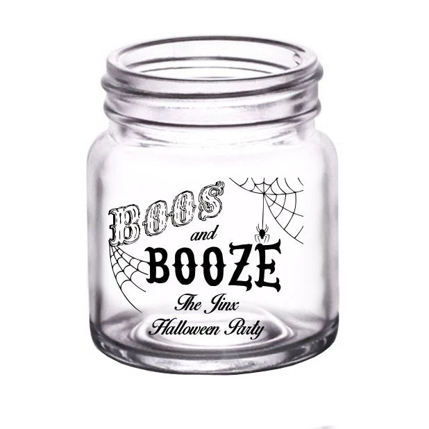 lg-gw-mm-boos-ayn_halloween-boos-booze-custom-mason-jar-1.jpg BarProducts.com BAR SUPPLIES CUSTOMIZABLE - 2oz Clear Mini Mason Jar Shot Glass - Boos & Booze
