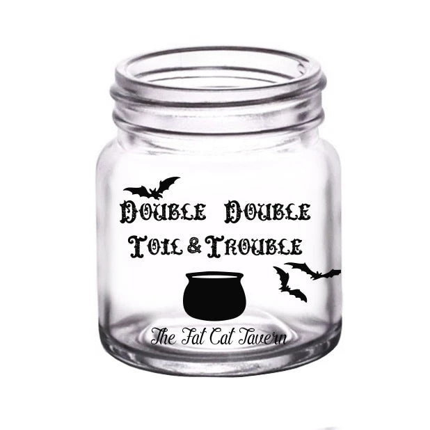 lg-gw-mm-trouble-ayn_halloween-custom-mini-mason-jar-trouble-1.jpg BarProducts.com BAR SUPPLIES CUSTOMIZABLE - 2oz Clear Mini Mason Jar Shot Glass - Double Double Toil & Trouble