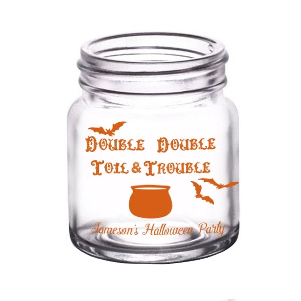 lg-gw-mm-trouble-ayn_halloween-custom-mini-mason-jar-trouble-3.jpg BarProducts.com BAR SUPPLIES CUSTOMIZABLE - 2oz Clear Mini Mason Jar Shot Glass - Double Double Toil & Trouble