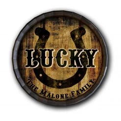 BarProducts.com Custom Wood Barrel Top Sign – Lucky Horseshoe BAR DECOR