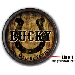 BarProducts.com Custom Wood Barrel Top Sign – Lucky Horseshoe BAR DECOR