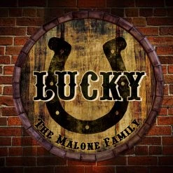 BarProducts.com Custom Wood Barrel Top Sign – Lucky Horseshoe BAR DECOR