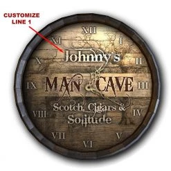 BarProducts Handcrafted Woodshop Made In The USA Custom Wood Barrel Top Clock – Man Cave - Scotch, Cigars, Solitude