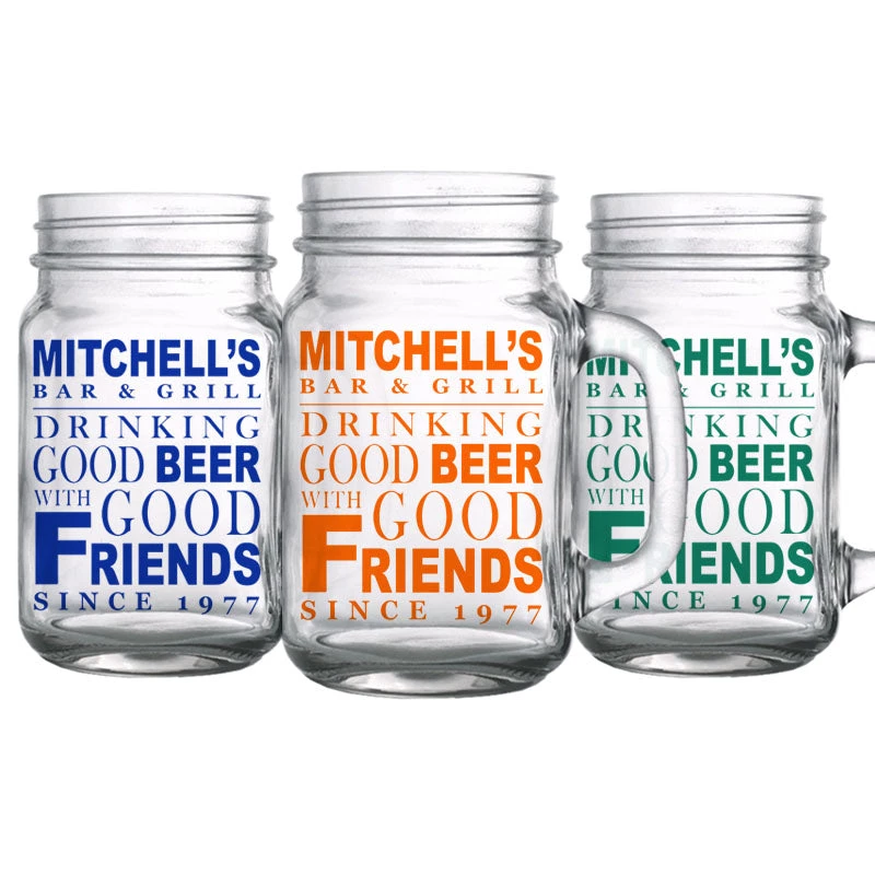 mason-jars-16oz_friends-web-5.jpg BarProducts.com BAR SUPPLIES CUSTOMIZABLE - 16oz Mason Jar With Handle - Good Beer, Good Friends