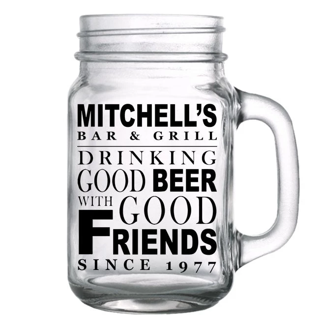 mason-jars-16oz_friends-web.jpg BarProducts.com BAR SUPPLIES CUSTOMIZABLE - 16oz Mason Jar With Handle - Good Beer, Good Friends