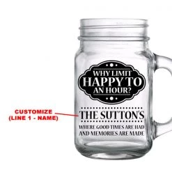 BarProducts.com CUSTOMIZABLE - 16oz Mason Jar With Handle - Happy Hour