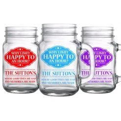BarProducts.com CUSTOMIZABLE - 16oz Mason Jar With Handle - Happy Hour