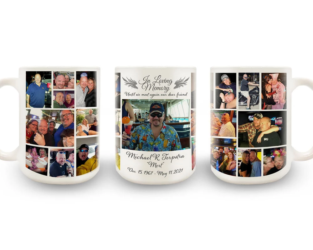mert-funeral-mug-display.jpg BarProducts.com CUSTOM Memorial Coffee Mug - 22 Slot Collage - 15 Ounce