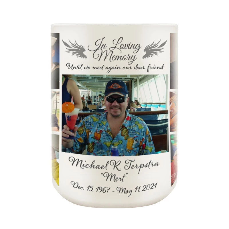 mert-funeral-mug-front.jpg BarProducts.com CUSTOM Memorial Coffee Mug - 22 Slot Collage - 15 Ounce