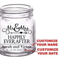 BarProducts.com CUSTOMIZABLE - 2oz Clear Mini Mason Jar Shot Glass - Mr. And Mrs. Happily