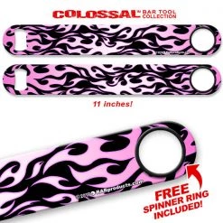 BarProducts.com Kolorcoat™ 11" Long COLOSSAL™ Speed Bottle Opener – Flames – Pink / Black Bartending Bottle Openers