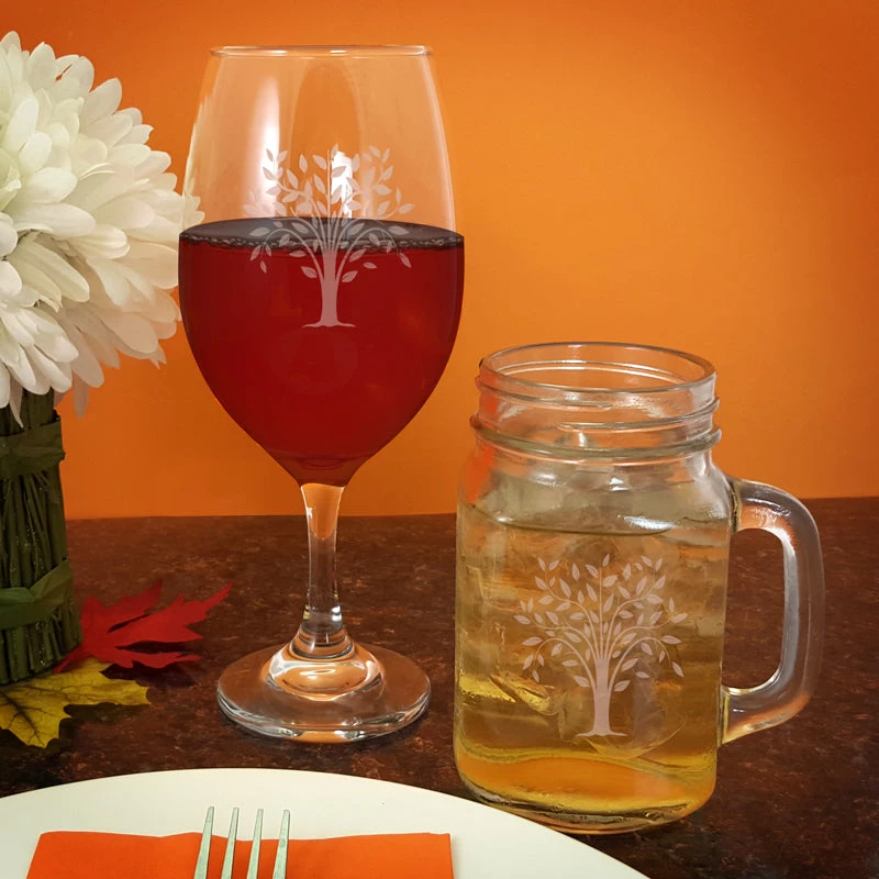 pretty-tree-engraved-glassware-800.jpg BarProducts.com BAR SUPPLIES Engraved BarConic® Glassware – 20oz. Wine Glass, 16oz. Mason Jar Mug