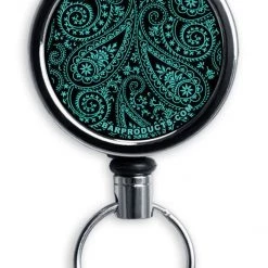 BarProducts.com CUSTOMIZABLE Mini Bottle Opener With Retractable Reel - Teal Paisley Bartending Bottle Openers