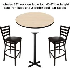 BarProducts.com Table Top Set With Base And 2 Bar Stools - 30" Round Wooden Table, 40.5" Bar Height Cast Iron Base - CUSTOMIZABLE