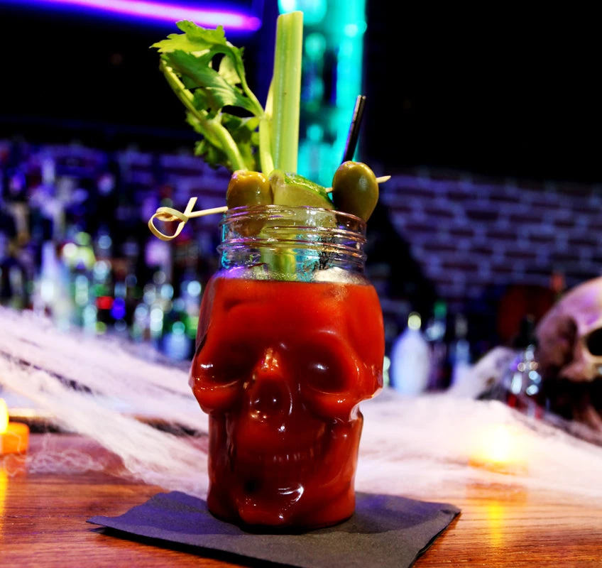 skull-bloody-mary-halloween-on-bar-3.jpg BarProducts.com BAR SUPPLIES BarConic® Skull Mason Jar With Lid - 16 Ounce