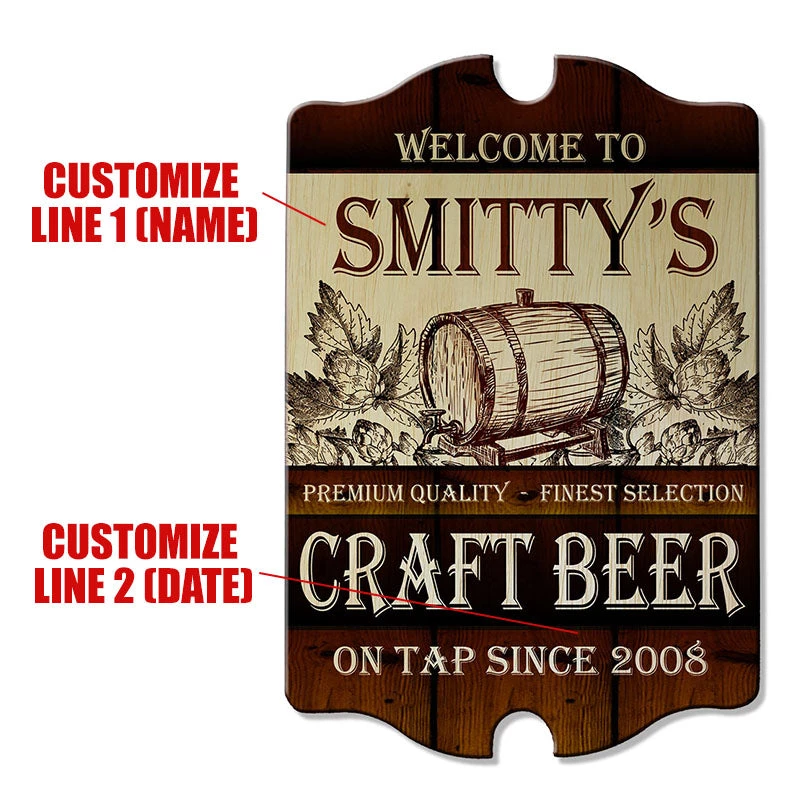 smittys-craft-beer-on-tap-tavern-sign1-cus.jpg BarProducts Handcrafted Woodshop Made In The USA Tavern Shaped Wood Bar Sign