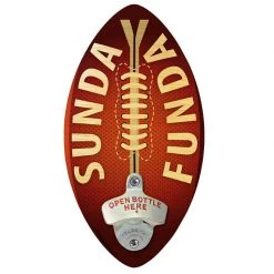 BarProducts Handcrafted Sunday Funday Football Shaped Wall Mounted Beer Bottle Opener Woodshop Made In The USA