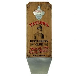 BarProducts.com CUSTOMIZABLE Wall Mounted Wood Plaque Bottle Opener & Cap Catcher - Gentlemen's Club