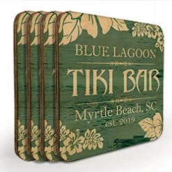 BarProducts.com Wooden Square Coasters - Customizable - Tiki Theme - Set Of 4 Tiki Mugs & Accessories