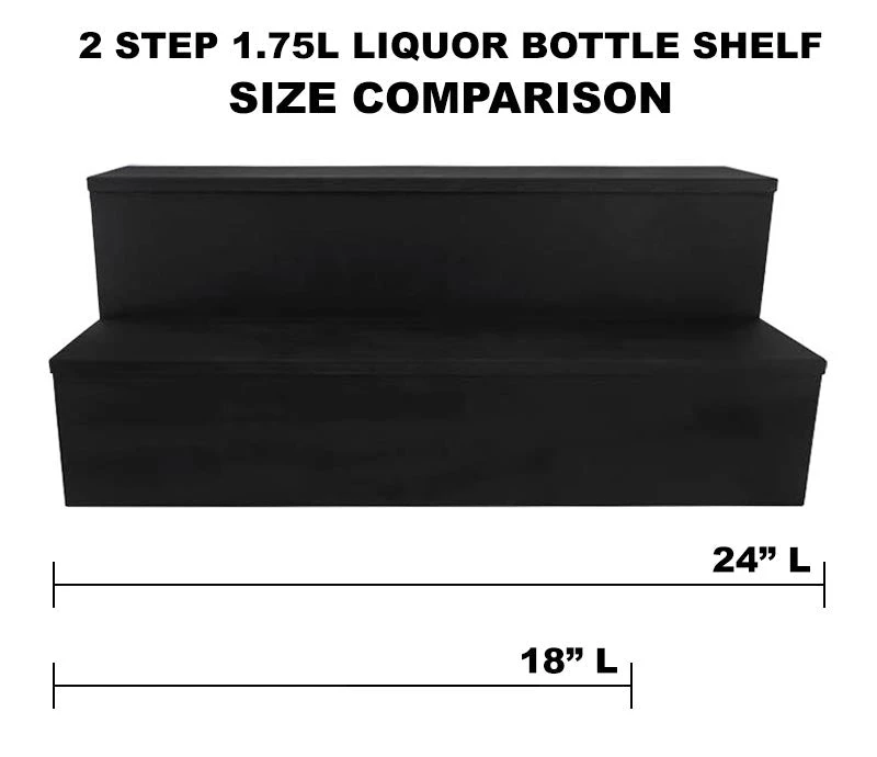 wooden-liquor-2-tier-1.75-liquor-bottle-shelves-wood-all-natural-spirits-black-comparison.jpg BarProducts.com BAR DECOR Wooden Liquor Bottle Shelves - Handcrafted In The USA - 2 Tier - Black - Size Variants