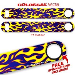 BarProducts.com Kolorcoat™ 11" Long COLOSSAL™ Speed Bottle Opener – Flames – Yellow / Blue